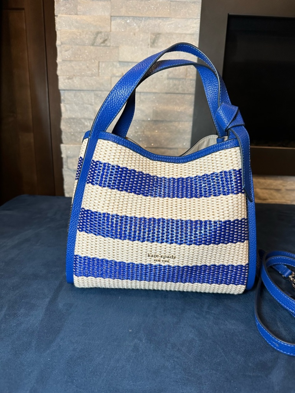 kate spade Blue and White Striped Woven Shoulder Bag